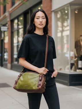Joanel Pour Elle Canada Shoulder Tote Bag Green Brown